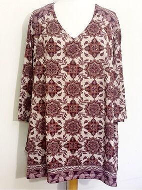 Catherines Maroon and Brown Geometric Print V-Neck Border Print Tunic Top 3X